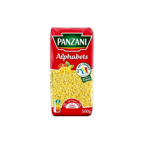 a 500g pack of Panzani alphabet pasta